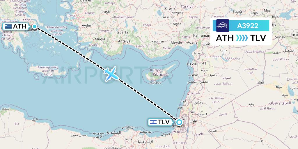 A3922 Aegean Airlines Flight Map: Athens to Tel Aviv