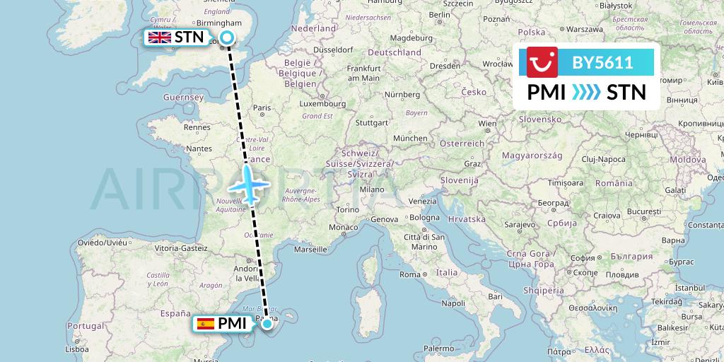 BY5611 TUI Airways Flight Map: Palma de Mallorca to London