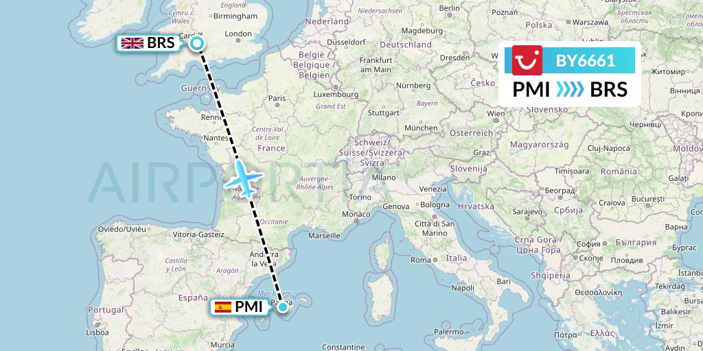 BY6661 TUI Airways Flight Map: Palma de Mallorca to Bristol