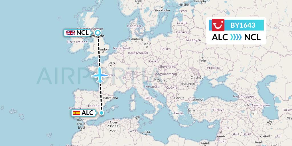 BY1643 TUI Airways Flight Map: Alicante to Newcastle