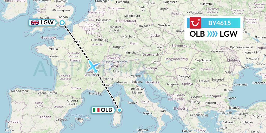BY4615 TUI Airways Flight Map: Olbia to London