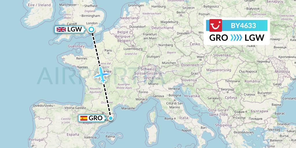BY4633 TUI Airways Flight Map: Girona to London