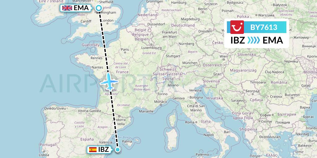 BY7613 TUI Airways Flight Map: Ibiza to East Midlands