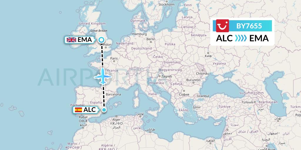 BY7655 TUI Airways Flight Map: Alicante to East Midlands