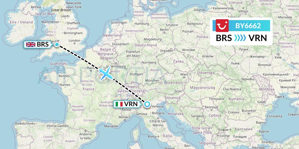 BY6662 TUI Airways Flight Map: Bristol to Verona