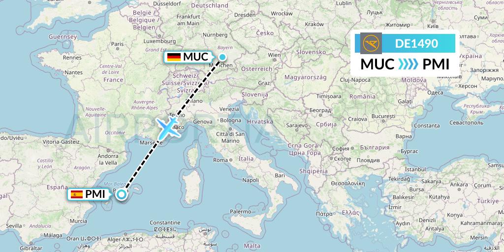 DE1490 Condor Flight Map: Munich to Palma de Mallorca