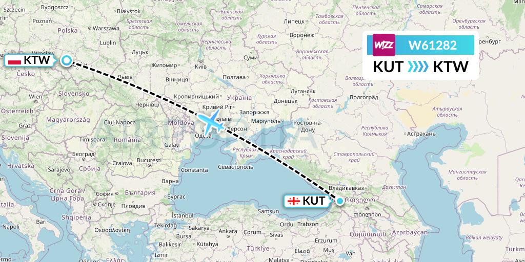 W61282 Wizz Air Flight Map: Kutaisi to Katowice