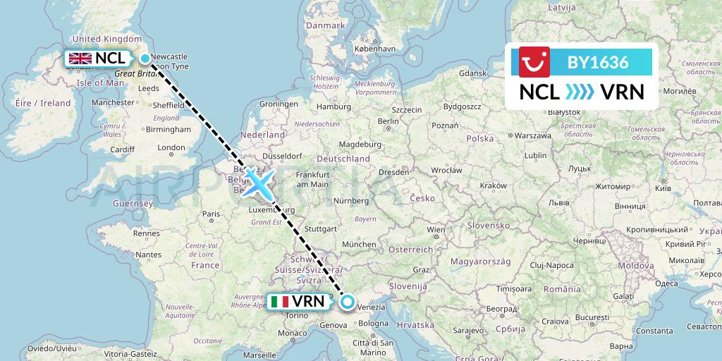 BY1636 TUI Airways Flight Map: Newcastle to Verona