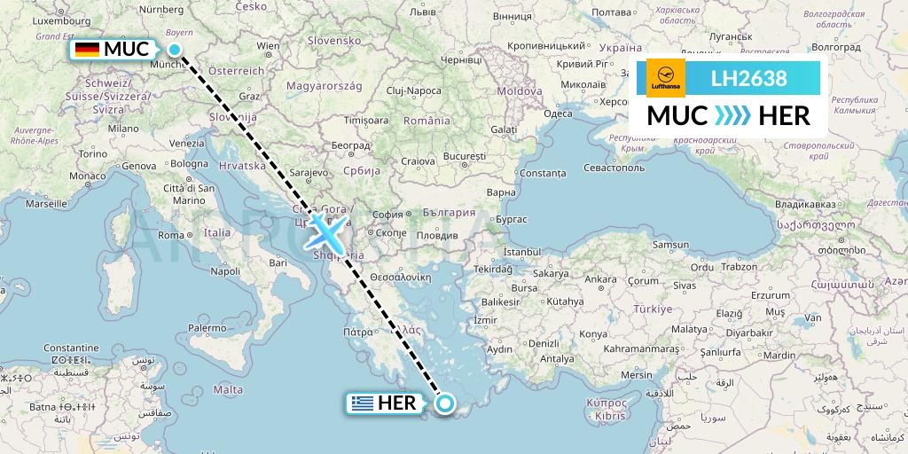 LH2638 Lufthansa Flight Map: Munich to Heraklion