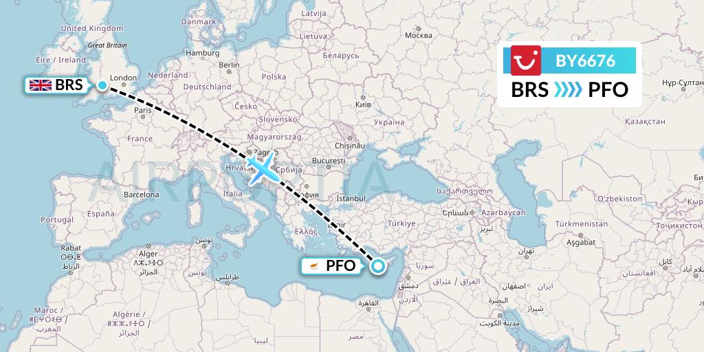 BY6676 TUI Airways Flight Map: Bristol to Pafos