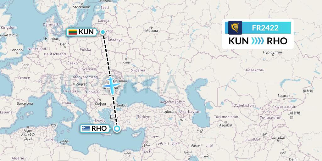 FR2422 Ryanair Flight Map: Kaunas to Rhodes