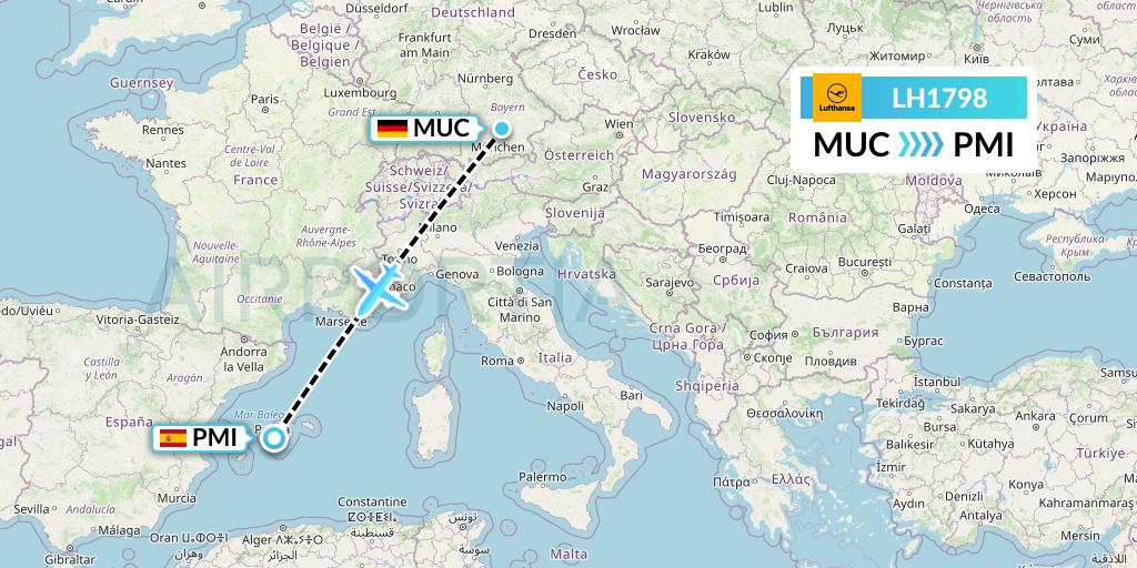 LH1798 Lufthansa Flight Map: Munich to Palma de Mallorca