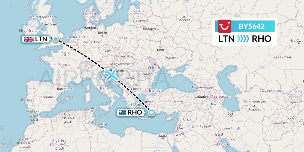 BY5642 TUI Airways Flight Map: London to Rhodes