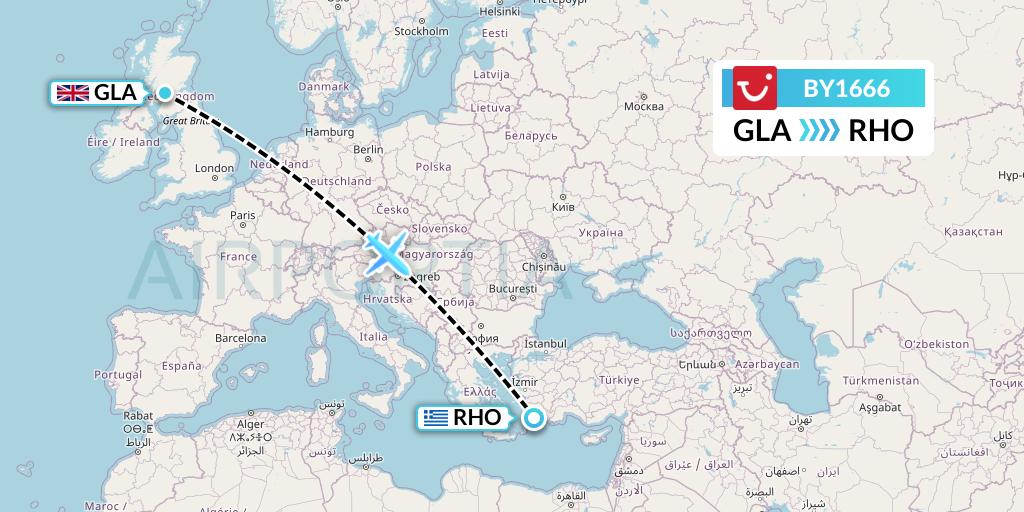 BY1666 TUI Airways Flight Map: Glasgow to Rhodes