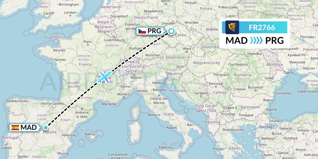 FR2766 Ryanair Flight Map: Madrid to Prague