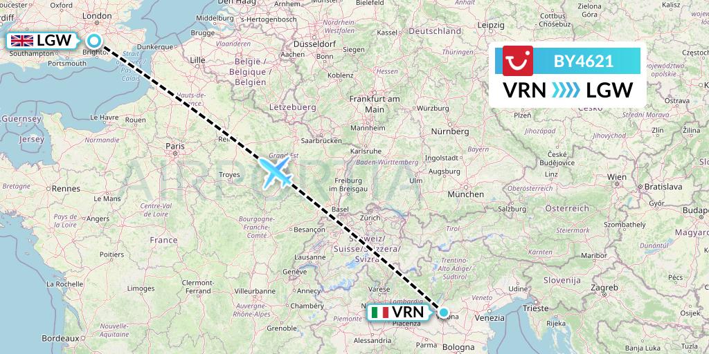 BY4621 TUI Airways Flight Map: Verona to London