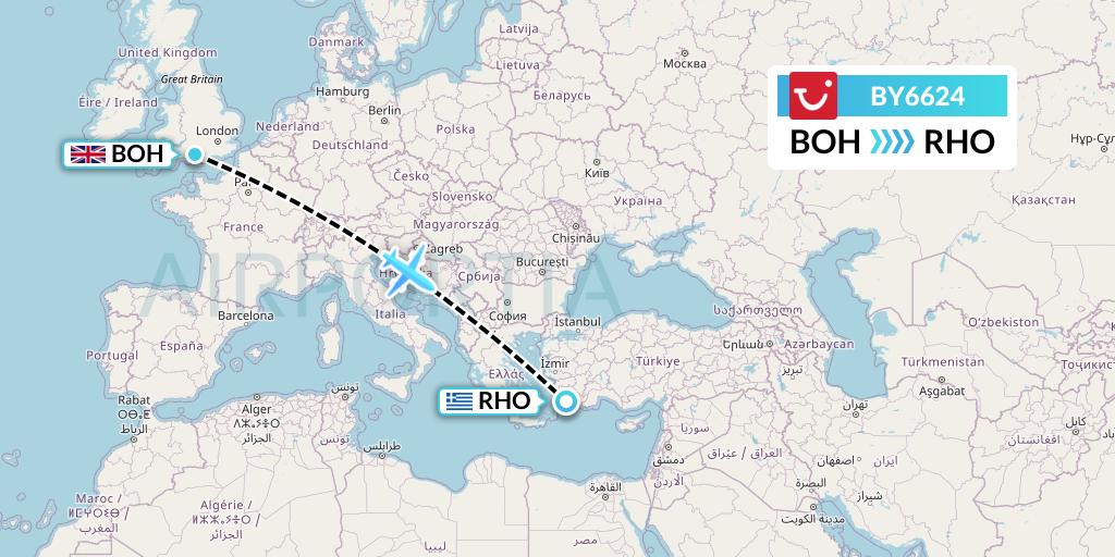 BY6624 TUI Airways Flight Map: Bournemouth to Rhodes