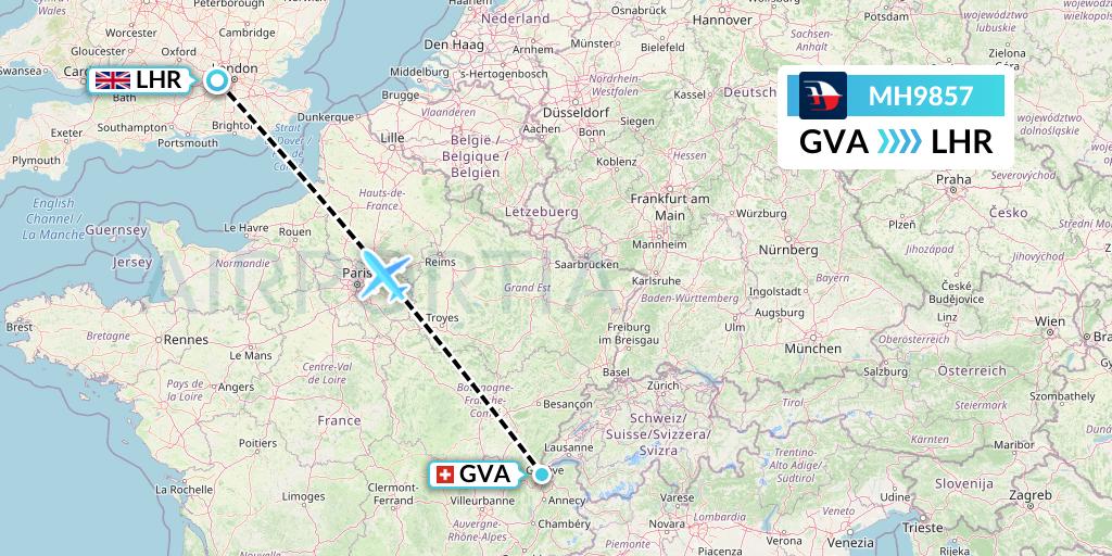 MH9857 Malaysia Airlines Flight Map: Geneva to London