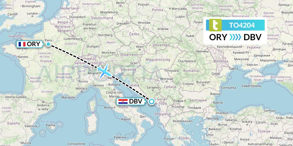 TO4204 Transavia France Flight Map: Paris to Dubrovnik