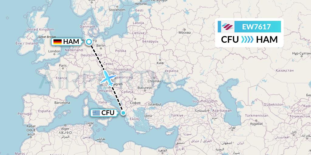 EW7617 Eurowings Flight Map: Corfu to Hamburg