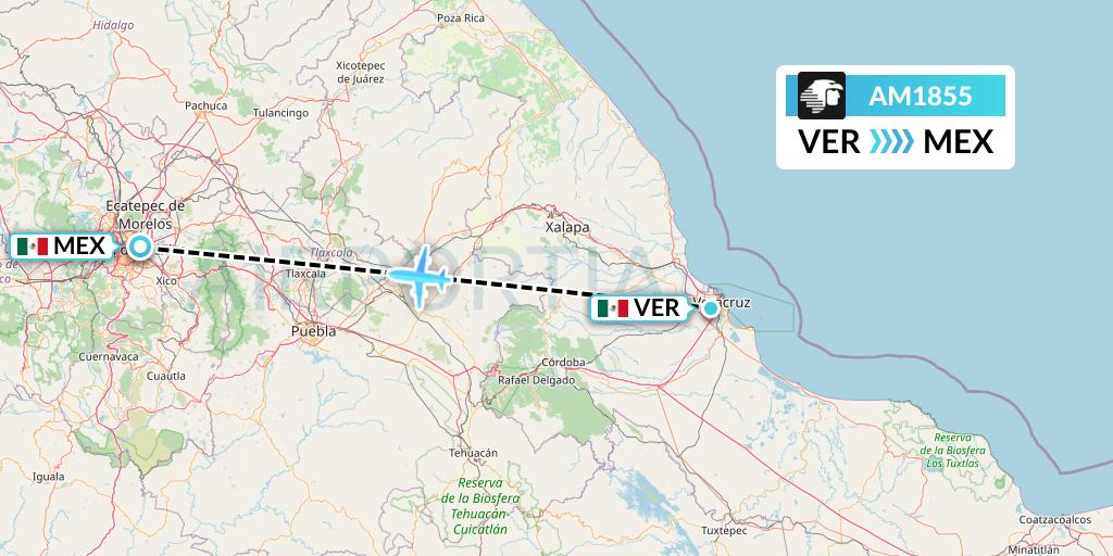 AM1855 Aeromexico Flight Map: Veracruz to Mexico City