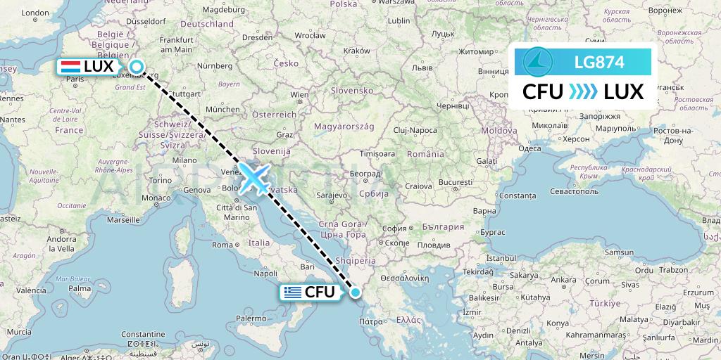 LG874 Luxair Flight Map: Corfu to Luxembourg
