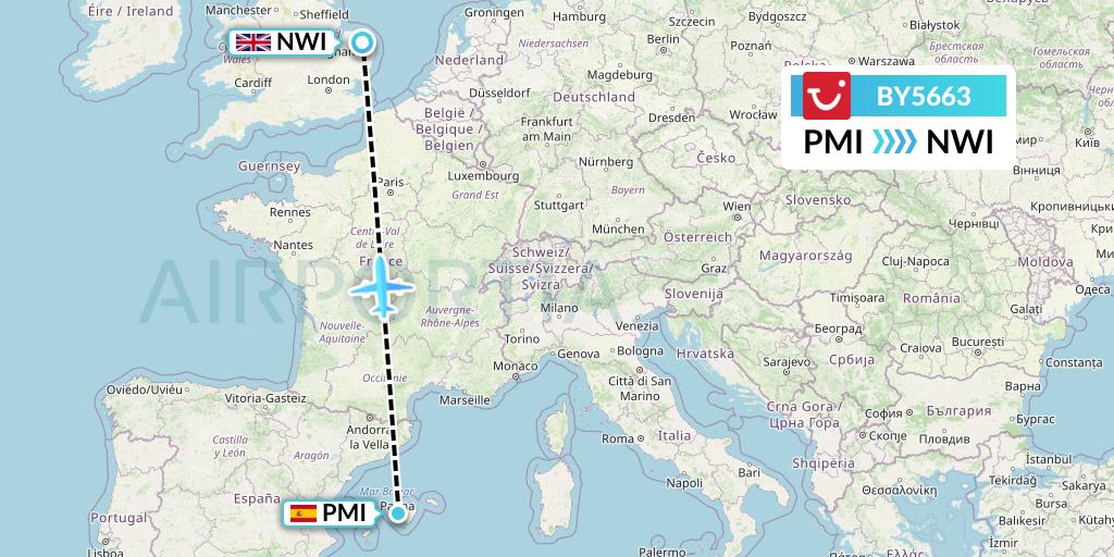 BY5663 TUI Airways Flight Map: Palma de Mallorca to Norwich