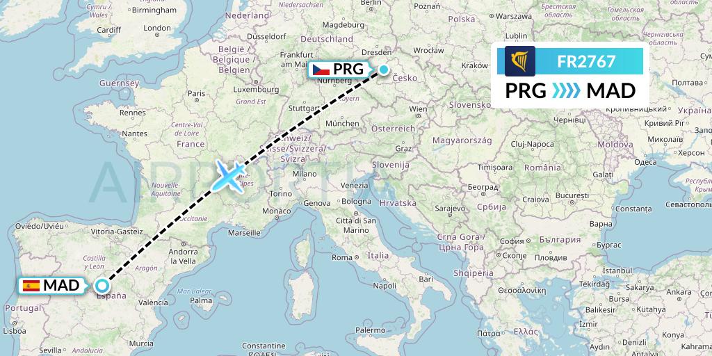 FR2767 Ryanair Flight Map: Prague to Madrid