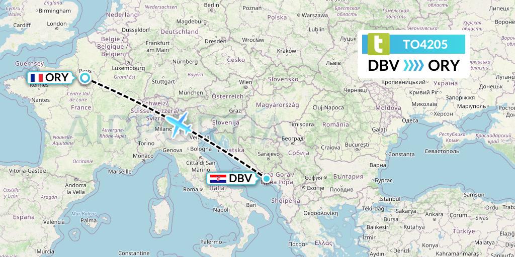 TO4205 Transavia France Flight Map: Dubrovnik to Paris