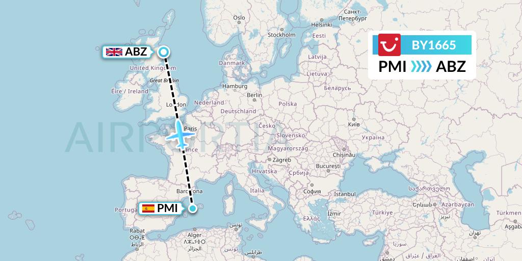 BY1665 TUI Airways Flight Map: Palma de Mallorca to Aberdeen