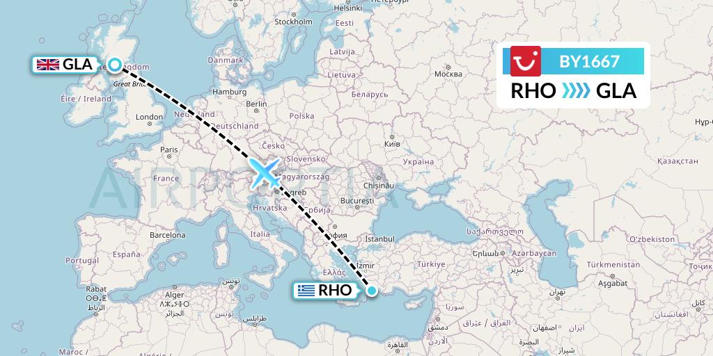 BY1667 TUI Airways Flight Map: Rhodes to Glasgow