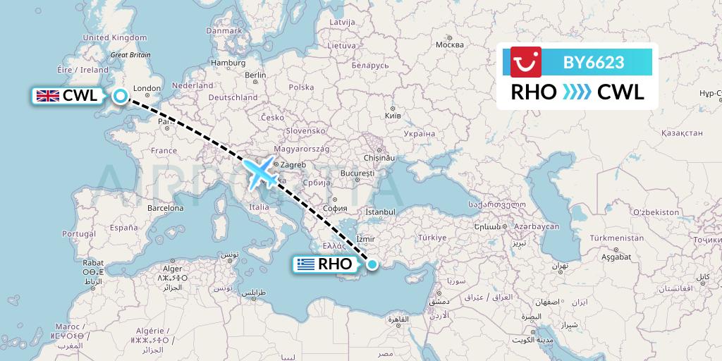 BY6623 TUI Airways Flight Map: Rhodes to Cardiff