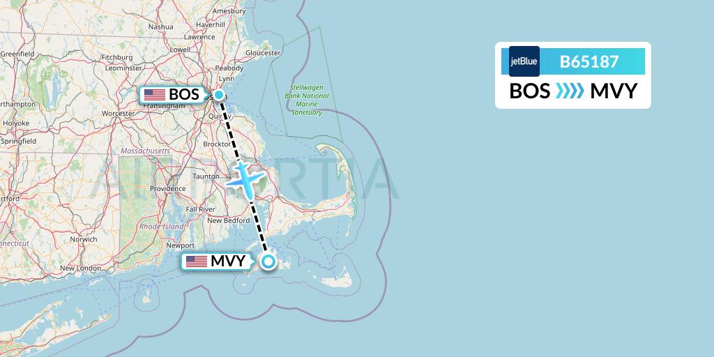 B65187 JetBlue Airways Flight Map: Boston to Martha's Vineyard