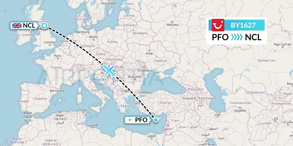 BY1627 TUI Airways Flight Map: Pafos to Newcastle