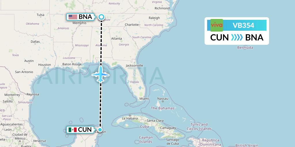 VB354 VivaAerobus Flight Map: Cancun to Nashville