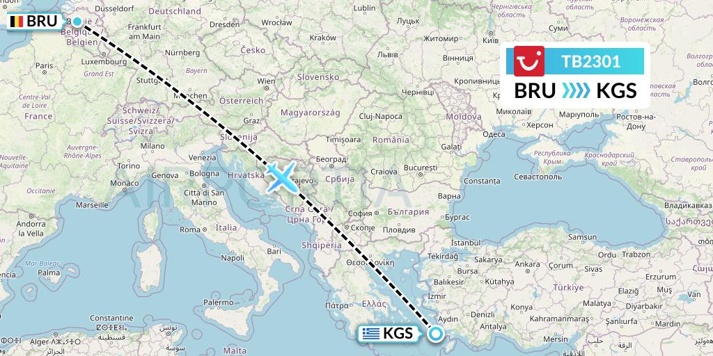 TB2301 TUI fly Belgium Flight Map: Brussels to Kos