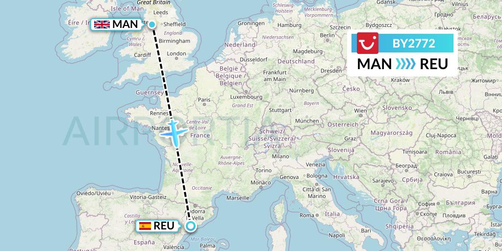 BY2772 TUI Airways Flight Map: Manchester to Reus