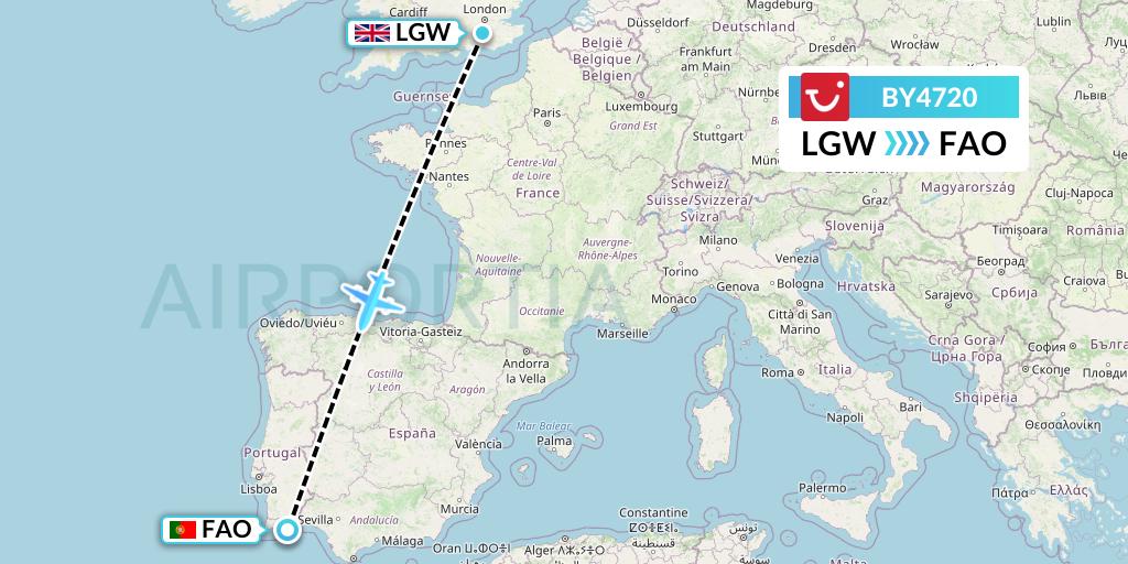 BY4720 TUI Airways Flight Map: London to Faro
