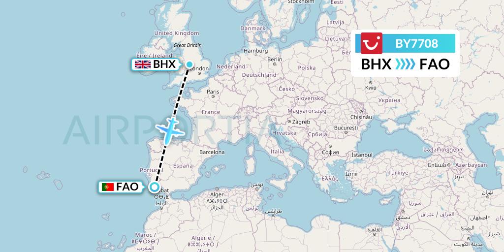 BY7708 TUI Airways Flight Map: Birmingham to Faro