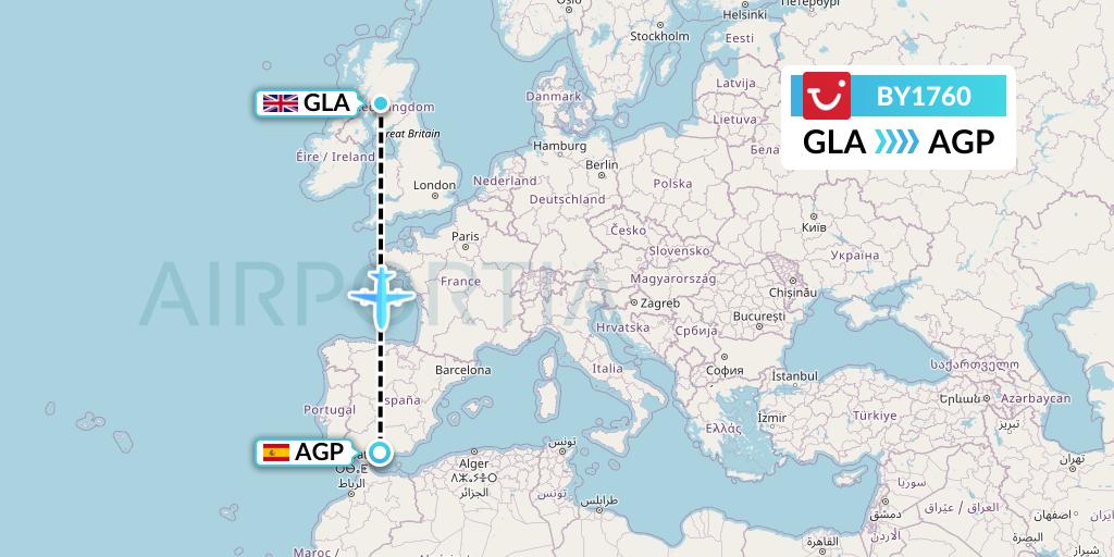 BY1760 TUI Airways Flight Map: Glasgow to Malaga