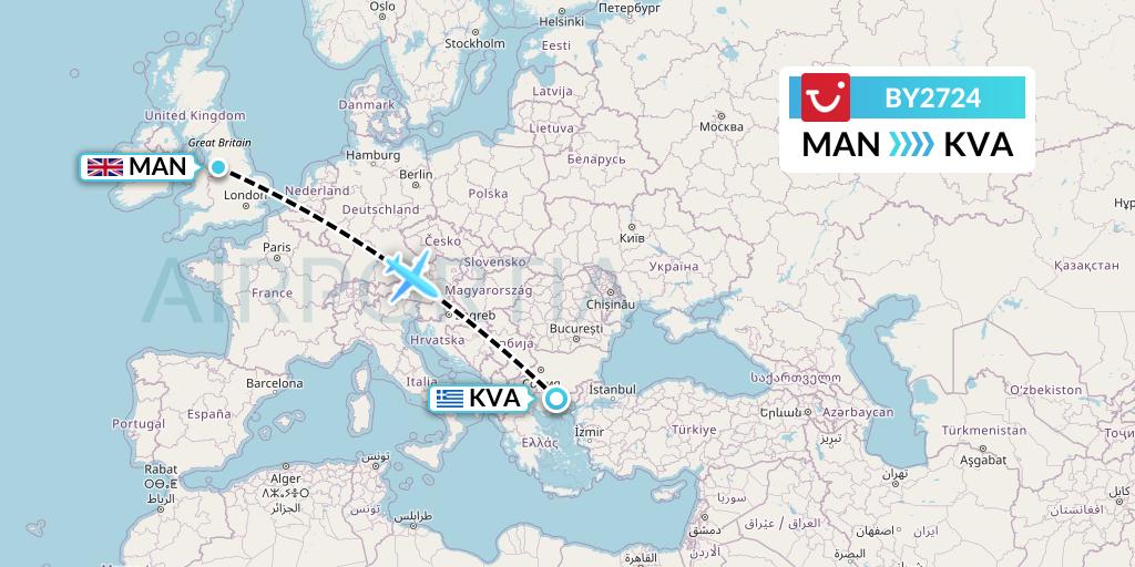 BY2724 TUI Airways Flight Map: Manchester to Kavala
