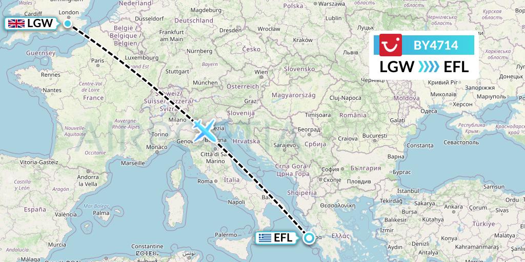 BY4714 TUI Airways Flight Map: London to Kefalonia