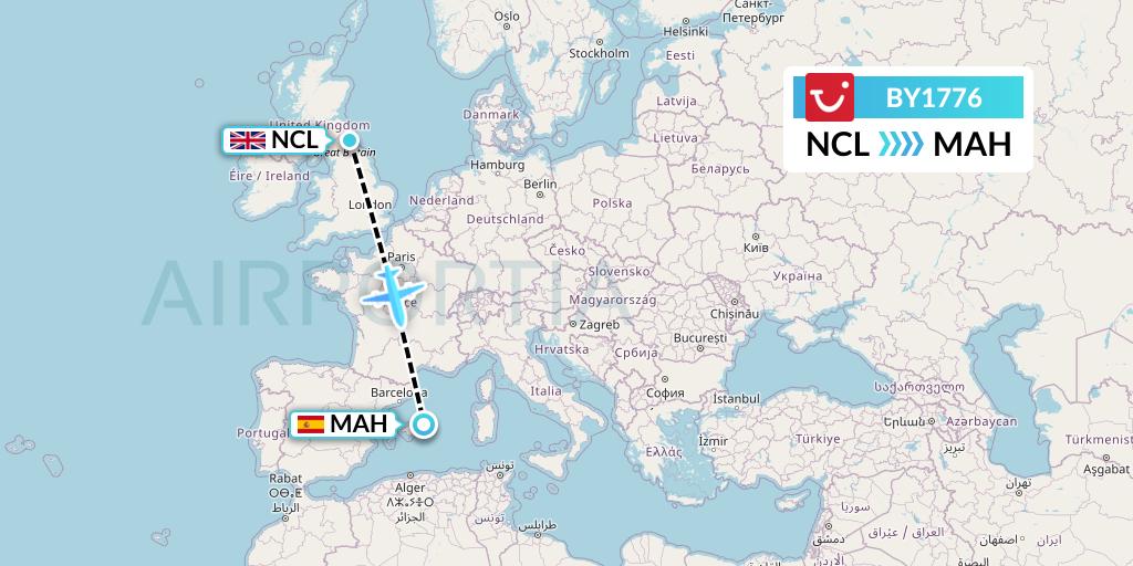 BY1776 TUI Airways Flight Map: Newcastle to Mahon