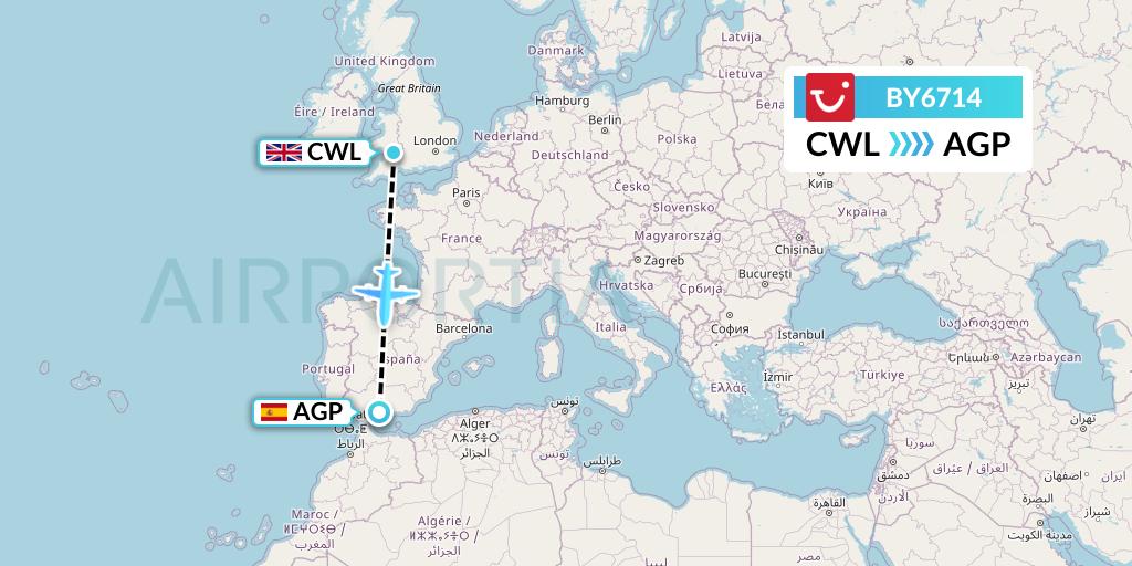 BY6714 TUI Airways Flight Map: Cardiff to Malaga