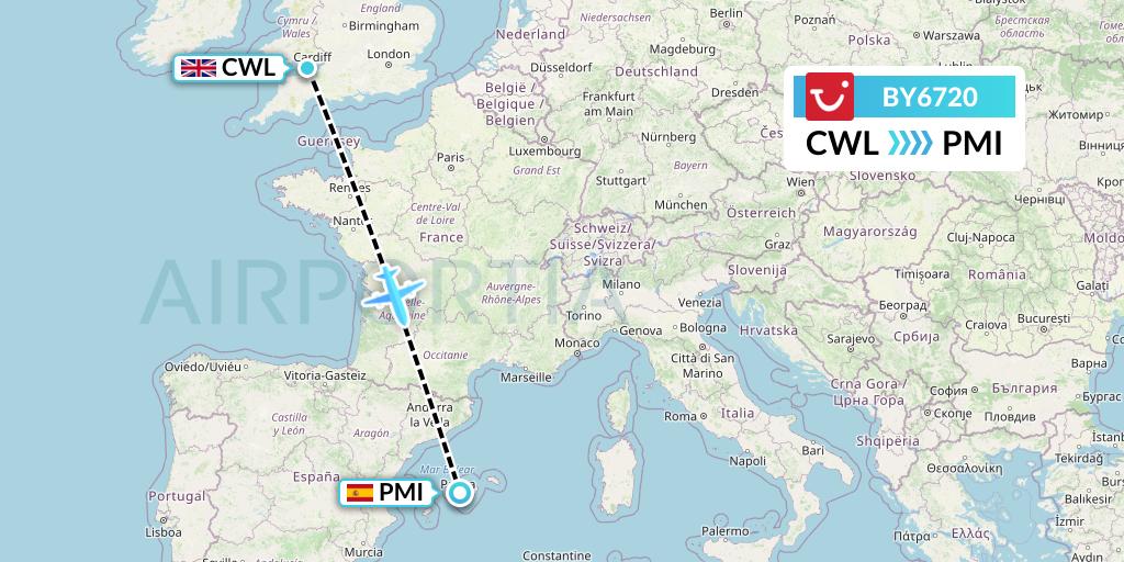 BY6720 TUI Airways Flight Map: Cardiff to Palma de Mallorca