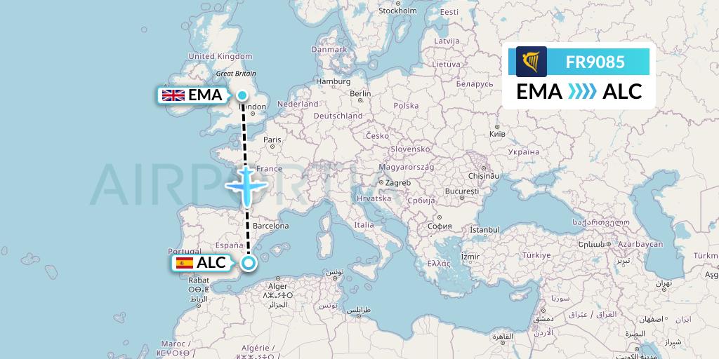 FR9085 Ryanair Flight Map: East Midlands to Alicante