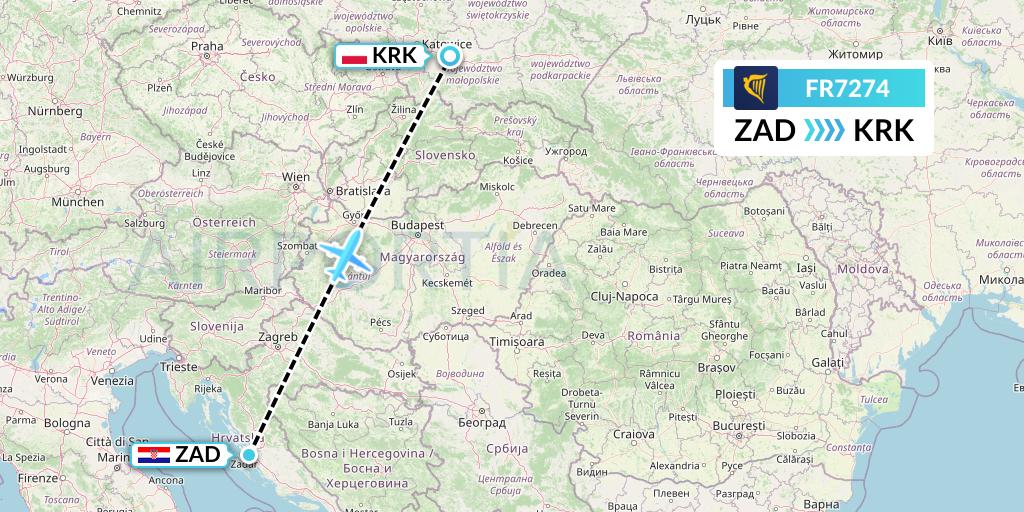 FR7274 Ryanair Flight Map: Zadar to Krakow