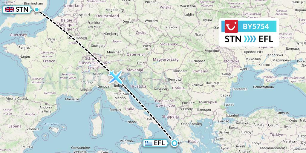 BY5754 TUI Airways Flight Map: London to Kefalonia