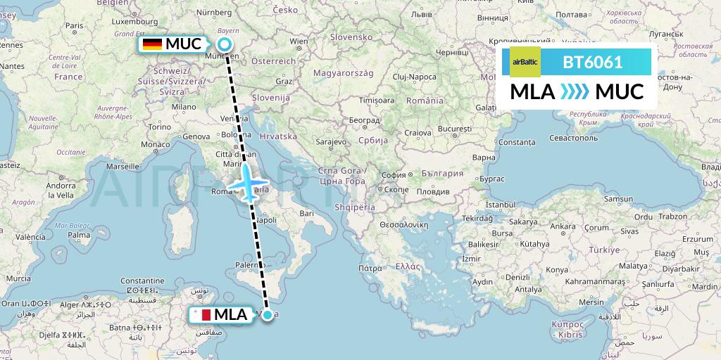 BT6061 Air Baltic Flight Map: Malta to Munich