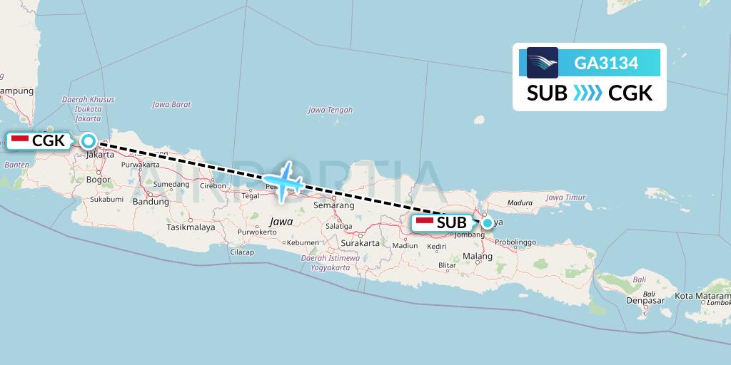 GA3134 Garuda Indonesia Flight Map: Surabaya to Jakarta